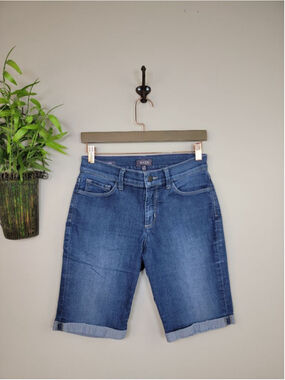 NYDJ 4P Briella Bermuda Jean Shorts Dark Wash Mid Rise Stretchy Rolled Skimmer